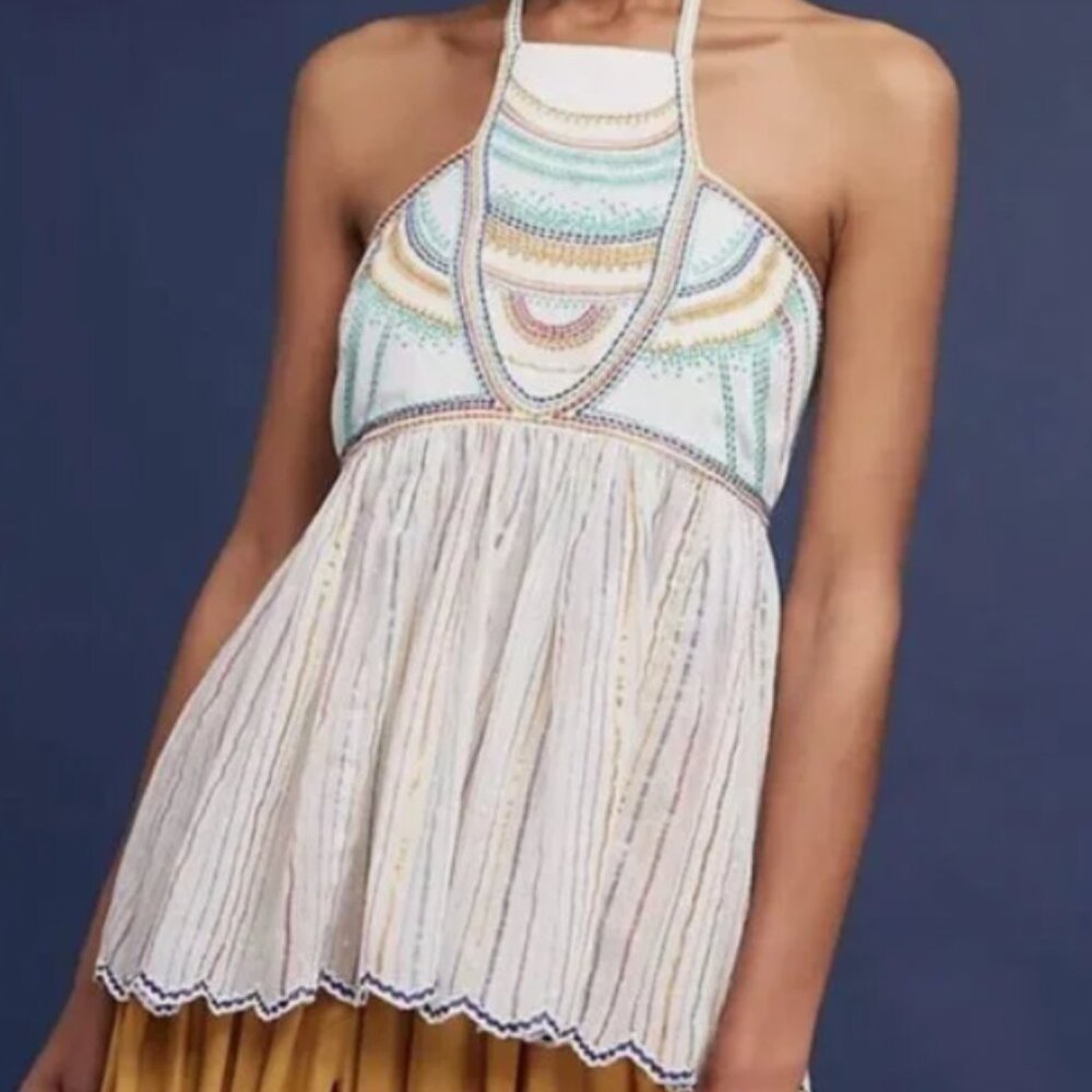 Anthropologie Floreat White Multi-Color Embroidered Halter Top